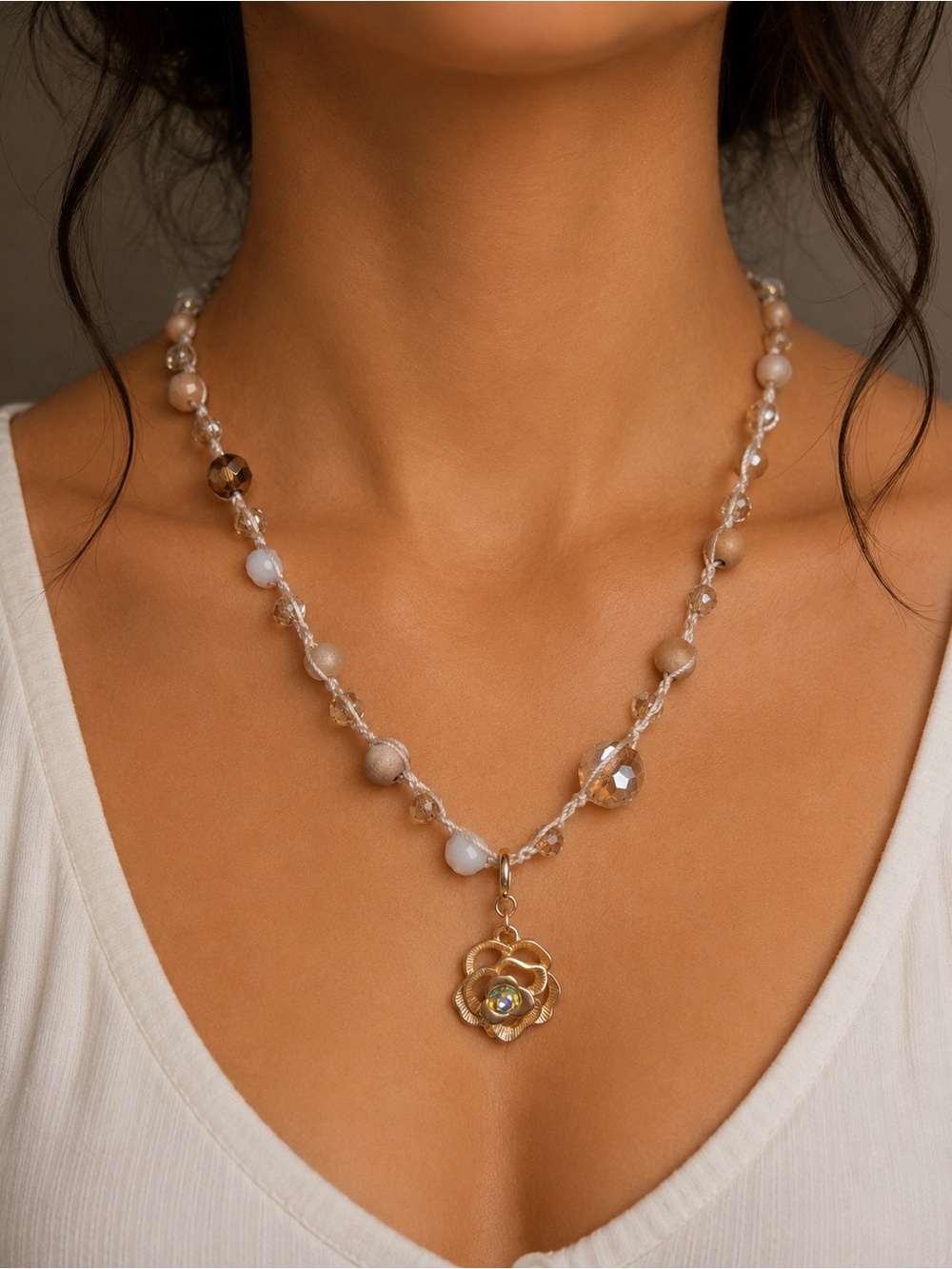 Gold Flower Pendant Beaded Necklace - Neutral Tones - Picture 1 of 7